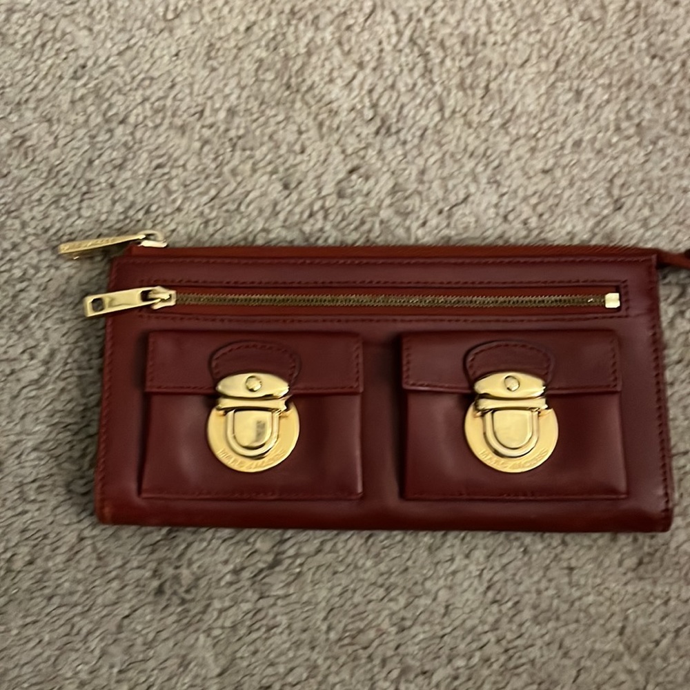 AUTHENTIC MARC JACOBS LONG LEATHER WALLET MAROON WITH MJ SIGNATURE GOLD CLASPS
